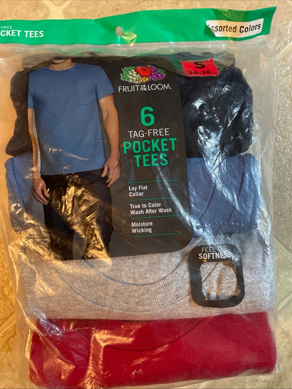 New Men's S 34 36 Fruit of the Loom Pocket Tees T-Shirts 6 Pack